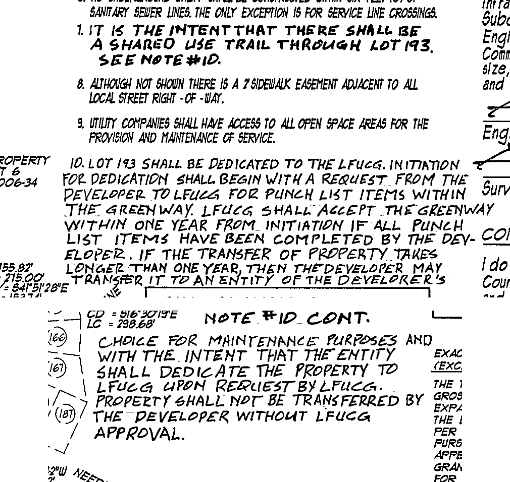 Excerpt of recorded plat N-731 showing Note 10: Lot 193 shall be dedicated to the LFUCG upon request by LFUCG